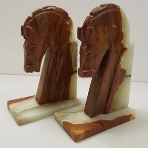 Vintage Hand-Carved Onyx Marble Horse Head Bookends Art Deco Style